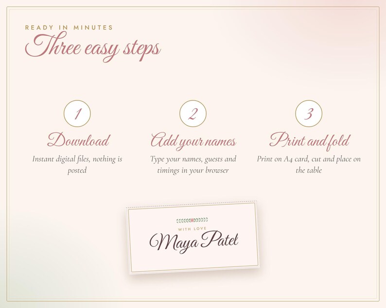 May include: A digital instruction graphic titled Ready in Minutes Three easy steps. It outlines three numbered circles: 1 Download, 2 Add your names, 3 Print and fold. Below is a sample rectangular place card with the text With Love Maya Patel.