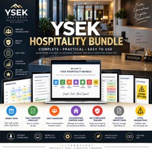 Op de afbeelding: De YSEK Hospitality Bundle is een digitale toolkit met een laptop die een dashboard toont met iconen voor een wekelijks rooster, dagelijkse checklist, ploegendienstoverdracht, housekeeping-controle, veiligheid en bewegwijzering.