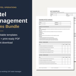 Könnte beinhalten: Ein digitales Paket mit 51 bearbeitbaren Hotelmanagement-Formularen, darunter eine Checkliste für den diensthabenden Manager und ein Logbuch. Die Dokumente sind in Weiß mit schwarzem Text gehalten und enthalten Abschnitte für Aufgaben.