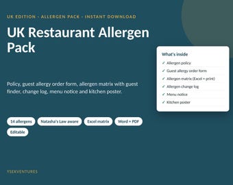 UK Restaurant Allergen Pack | 14 Allergens Policy, Matrix, Order Form (Digital Download)