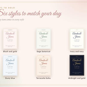 May include: A display of six wedding invitation designs with the text Soft to Bold Six styles to match your day. Each card features the names Amelia & James, the date 14 June 2027, and color themes including blush and gold, sage, ivory and navy, dusty blue, terracotta, and midnight and gold.