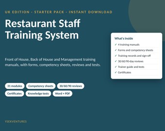UK Restaurant Staff Training Starter Pack | Front, Back, Management Manuals (Digital Download)