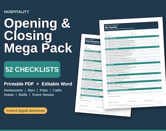 52 Opening Closing Checklists Bundle, Restaurant Bar Hotel B&B (PDF + Word)