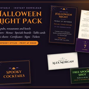 Halloween Pub Restaurant Printable Pack, Menu, Poster, Quiz Night, Table Numbers, Tickets, Signs, 6 Designs, Instant Download image 1