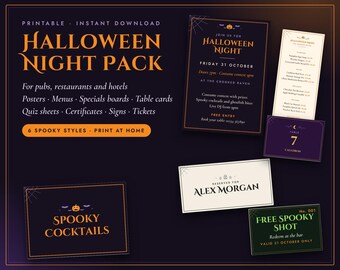 Halloween Pub Restaurant Printable Pack, Menu, Poster, Quiz Night, Table Numbers, Tickets, Signs, 6 Designs, Instant Download