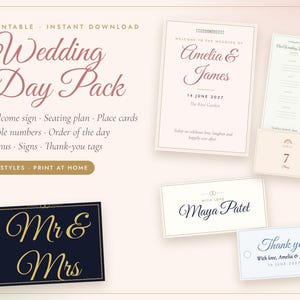May include: A printable wedding day pack featuring a welcome sign, menu, table number, place card, and thank-you tag. The stationery set includes text such as Wedding Day Pack, Amelia & James, 14 June 2027, Mr & Mrs, and Maya Patel in various fonts.