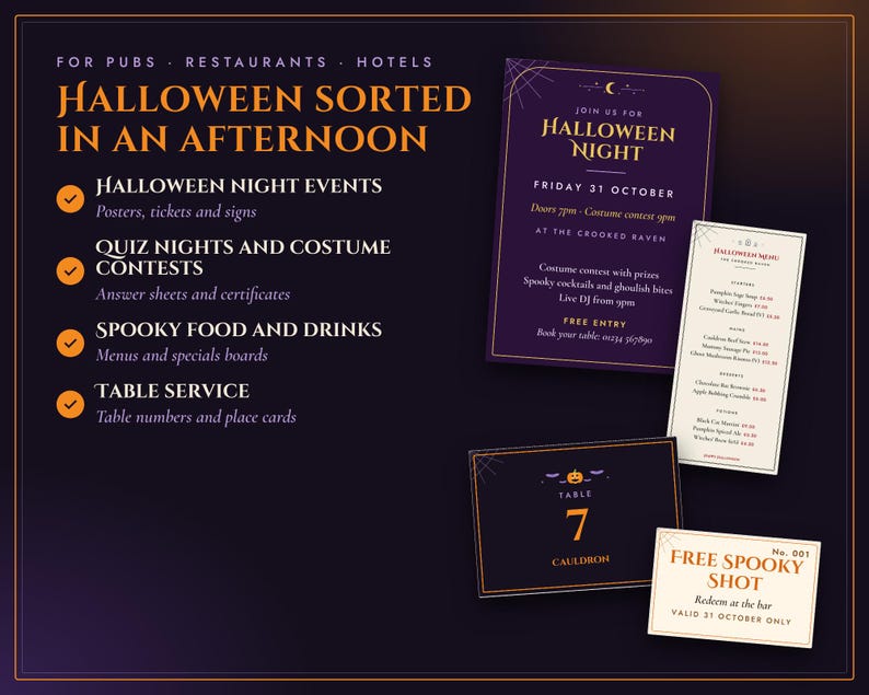 Halloween Pub Restaurant Printable Pack, Menu, Poster, Quiz Night, Table Numbers, Tickets, Signs, 6 Designs, Instant Download image 6