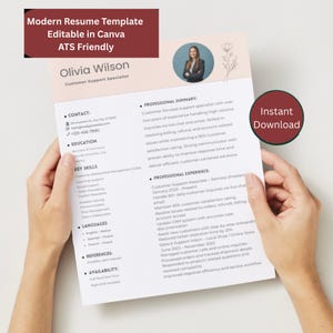 Modern Customer Support Resume Template, ATS Friendly Canva CV (Instant Download)