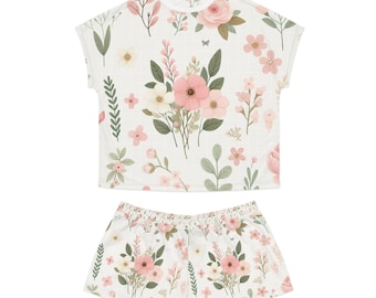 Pink Floral Pajama Set, Women's Short Loungewear
