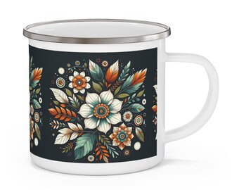 Taza de campamento esmaltada con estampado floral otoñal, taza de café rústica