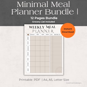 Paquete básico de planificador semanal de comidas / Lista de compras, preparación de comidas (descarga digital)