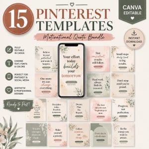 Può includere: Una raccolta di 15 modelli Pinterest con citazioni motivazionali. I modelli presentano una varietà di colori e design, con testo come "Your effort today builds your tomorrow". Include il download immediato.