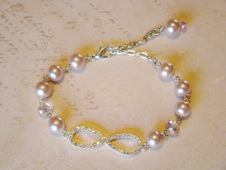 Crystal Infinity Knot and Pink Pearl Bracelet,Endless Love,Bridal Jewelry Silver Infinity Knot,Sister Love Mothers Day,Crystal Infinity Knot