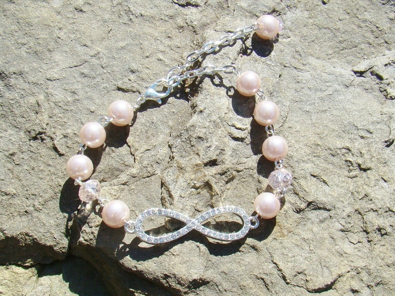 Crystal Infinity Knot and Pink Pearl Bracelet,Endless Love,Bridal Jewelry Silver Infinity Knot,Sister Love Mothers Day,Crystal Infinity Knot