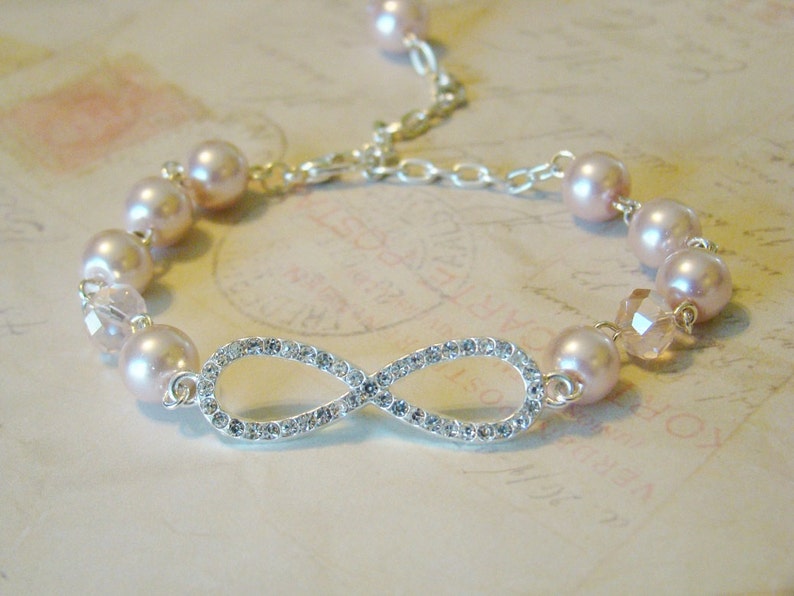 Crystal Infinity Knot and Pink Pearl Bracelet,Endless Love,Bridal Jewelry Silver Infinity Knot,Sister Love Mothers Day,Crystal Infinity Knot