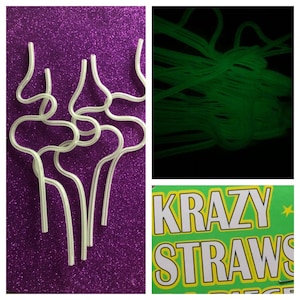 May include: Four white glow-in-the-dark bendy straws, with a close-up of the straws in a purple glitter background. The straws are bent into different shapes. The image also shows a close-up of a package of glow-in-the-dark straws, with the text "Krazy Straws" on the package.