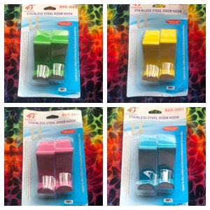 Vintage New Old Stock Stainless Steel Door Hooks In the Original Package ~ Blue Hooks ~ Pink Hooks ~ Green Hooks ~ Yellow Hooks ~ Two Hooks