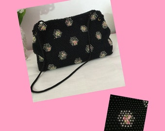 Vintage 1960's Black Petite Beaded Purse Adorned With Green And Pink Flowers