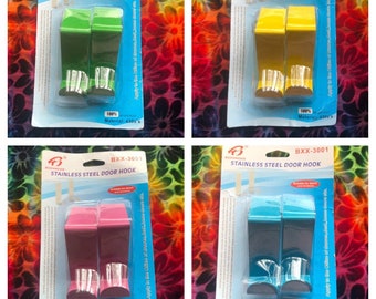 Vintage New Old Stock Stainless Steel Door Hooks In the Original Package ~ Blue Hooks ~ Pink Hooks ~ Green Hooks ~ Yellow Hooks ~ Two Hooks