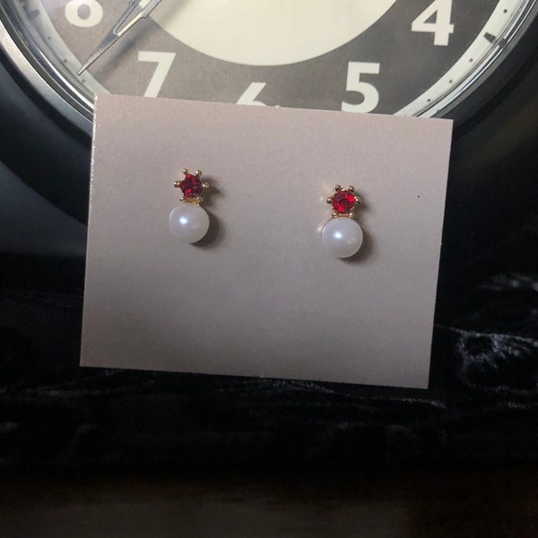 Vintage Avon Lustrous Simulated Ruby and Faux Pearl Birthstone Earrings ~ Surgical Steel Posts ~ New In Box Dated 1988 ~ FREE Shipping!!