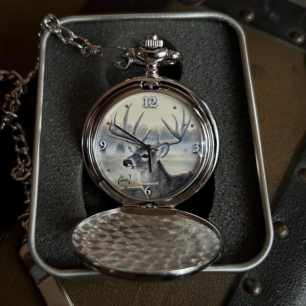New In Box Vintage 'Majestic Morning" Deer Pocket Watch In Keepsake Tin ~ Artist Al Agnew ~ Certificate of Authenticity Exclusive Edition