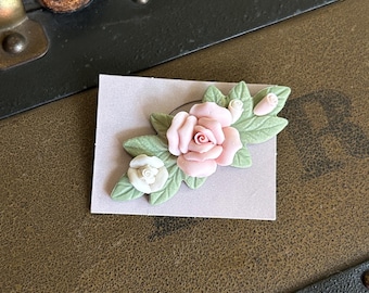 New Vintage 1980's Porcelain Milk Pink Rose Brooch, In The Original Box ~ Avon