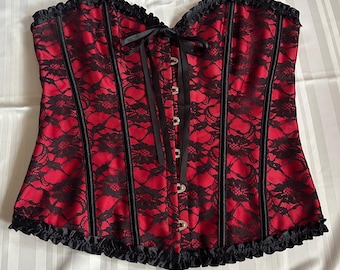 Vintage Red and Black Lace Corset ~ Size Large Vintage Corset ~ Lace and Busk Closure With Boning ~ Gothic Black Lace Red Corset