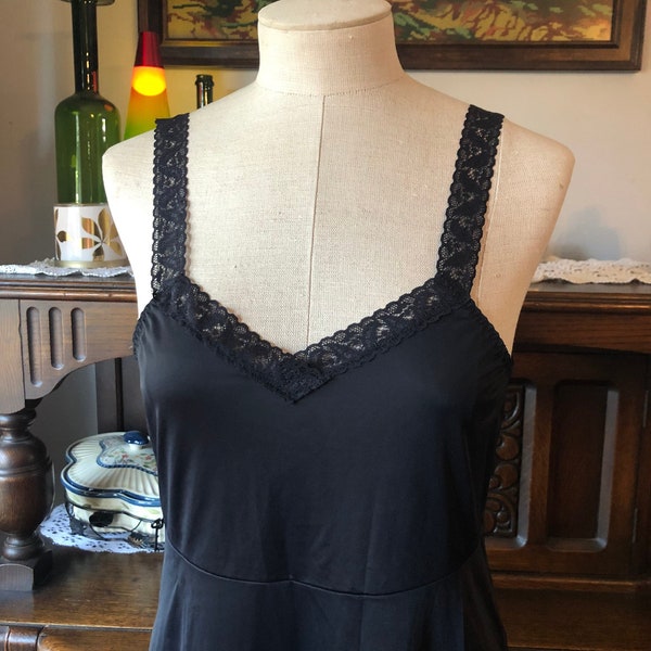 Black Vintage Nylon And Lace Shadowline Full Slip Size 34-38 Inch Bust ~ Never Worn Black Shadowline Slip Dress Or Nightgown ~ FREE Shipping