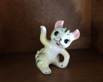 Darling Vintage Gray Striped Yellow Tabby Cat Figurine ~ Signed Japan ~ Excellent Condition ~ Big Eyed Cat Figurine ~ FREE SHIPPING!!