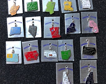 Vintage Cloisonne State Charms On The Original Cards - Road Trip Charms ~ Travel State Charms ~ Deadstock Charms ~ FREE SHIPPING!