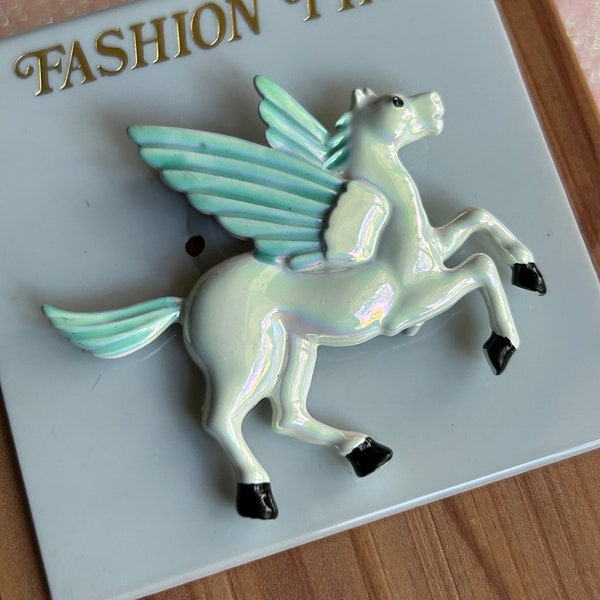 Vintage New Iridescent Pegasus Brooch ~ New Dead Stock Winged Horse On The Original Card ~ White Stallion With Wings ~ Pegasus Jewlery