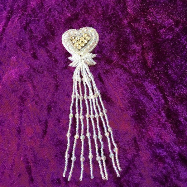 Beautiful Never Used Vintage Bead And Rhinestone Heart Ebellishment / Applique ~  Dangling Aurora Borealis Bead Fringe Heart