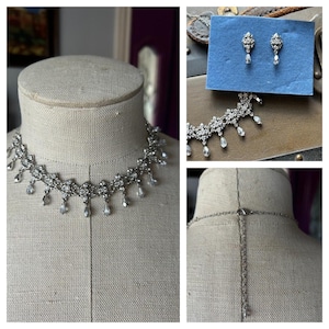 New Vintage Silvertone Rhinestone Necklace and Pierced Earrings Set ~ NOS Never Worn Vintage  Sparkling Adjustable Necklace And Earrings Set