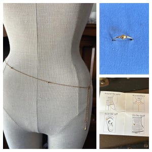 May include: A gold-colored body chain draped on a mannequin. The chain has small beads and a dangling charm. A small gold ring with a gemstone is on a blue background. Instructions show how to wear the chain.