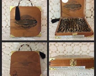 Vintage Sancho Panza Cigar Box Purse ~ Lined With Faux Animal Fur ~ Adorned With A Wood And Glass Bead Handle ~ Mirror Inside ~ Signed