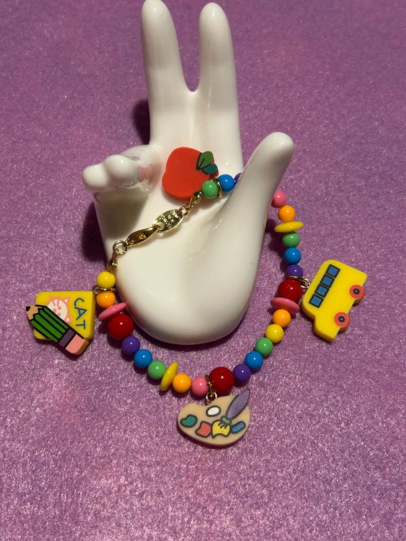 Vintage Avon School Days Charm Bracelet: School Bus, Apple, Pencil, Paint Palette ~ NIB