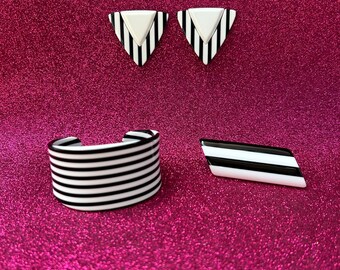 1980's Vintage Black and White Striped Lucite Geometric Shape Big Statement Earrings,Cuff Bracelet for Small Wrist, and Brooch Jewelry Set