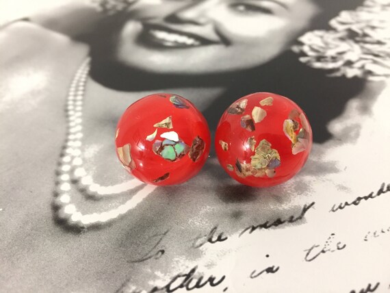 Stunning Pair Of Bright Orange Confetti Lucite Ea… - image 2