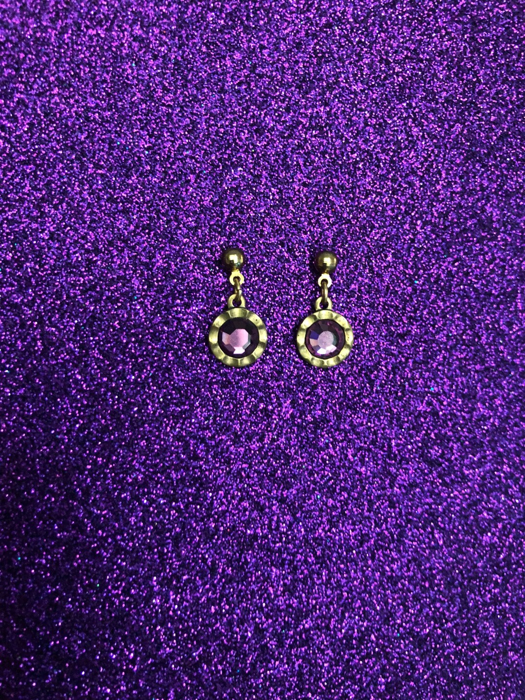 Vintage Dangling Earrings Featuring Amethyst Color Rhinestones in an