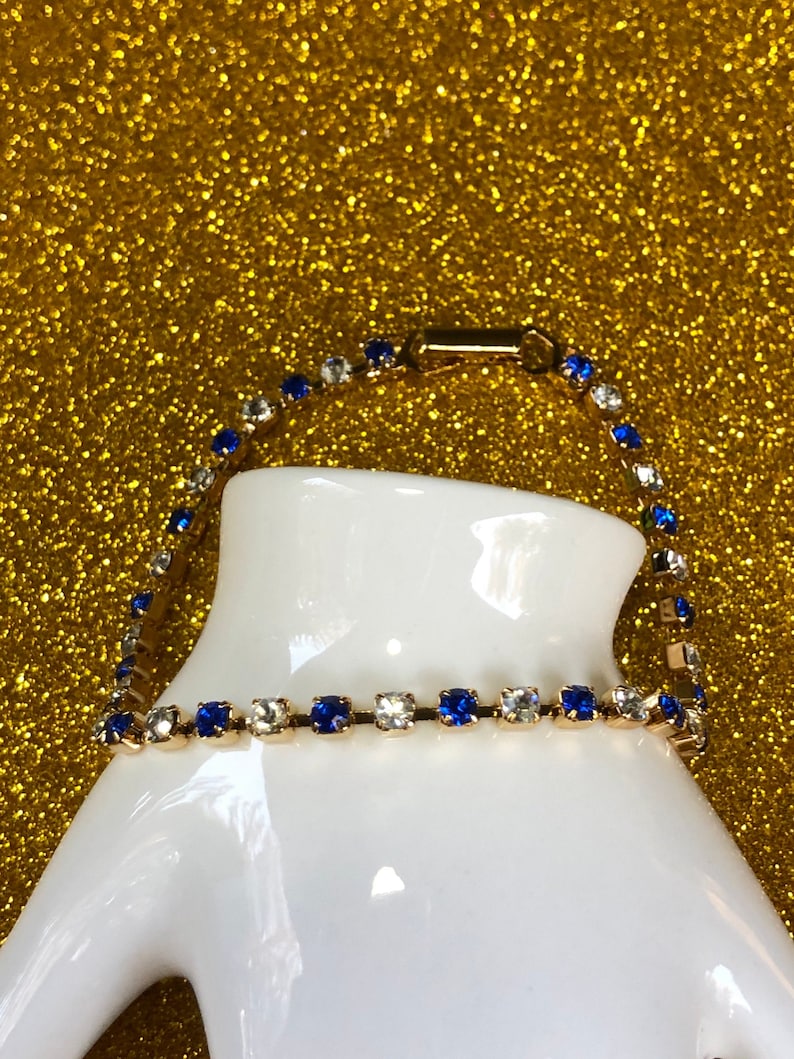 AVON Never Worn Vintage Goldtone Sparkling Sapphire Blue And Clear Crystal Rhinestone Tennis Bracelet Size Large ~ FREE Shipping!