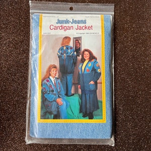 May include: A pattern for a denim cardigan jacket. The pattern shows three women wearing different versions of the jacket. The pattern is titled "Junk-Jeans Cardigan Jacket" and is copyrighted 1995 by CB Nickels.