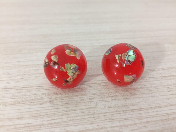 Stunning Pair Of Bright Orange Confetti Lucite Ea… - image 4