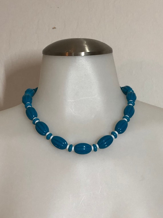 Vintage Teal Blue Color Plastic Beaded Necklace F… - image 7