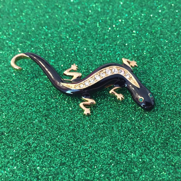 Beautiful Vintage Black Enamel Avon Salamander Pin Adorned With Sparkling Green Eyes