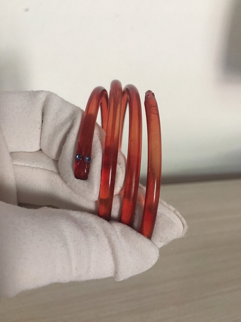 STUNNING 1940/'s Carved Celluloid Snake Bracelet Featuring Sparkling Blue Rhinestone Eyes ~ Authentic Vintage Jewelry At Hope Knows Vintage
