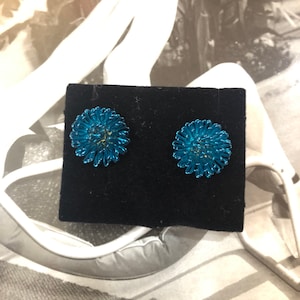 May include: A pair of blue flower-shaped earrings on a black velvet background.
