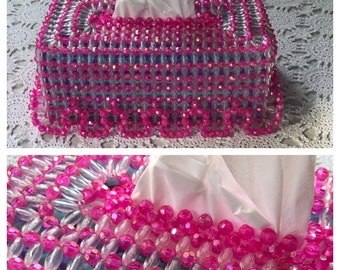 Hot Pink and White Beaded Vintage Tissue Box Cover ~ Pink and White Bathroom and Bedroom Decor ~ FABULOUS ~FREE Shipping!