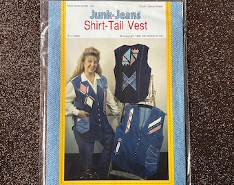 DIY Vintage Denim Vest Patterns ~ New In Package Junk-Jeans Shirt~Tail Vest Patterns You Make From Pants or Jeans ~ 1990's Sewing Patterns