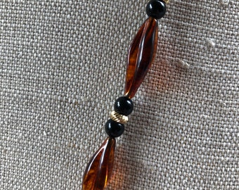 Vintage Lucite Faux Tortoise Shell Long Necklace With Black And Gold Beads ~ Long Necklace ~ Classy Work Attire ~ FREE Shipping!