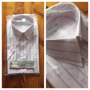 Deadstock Vintage Mervyn&#39;s Men&#39;s Windridge 1980&#39;s Pink Striped Short Sleeve Dress Shirt In A Size 15 1/2~ In The Original Package